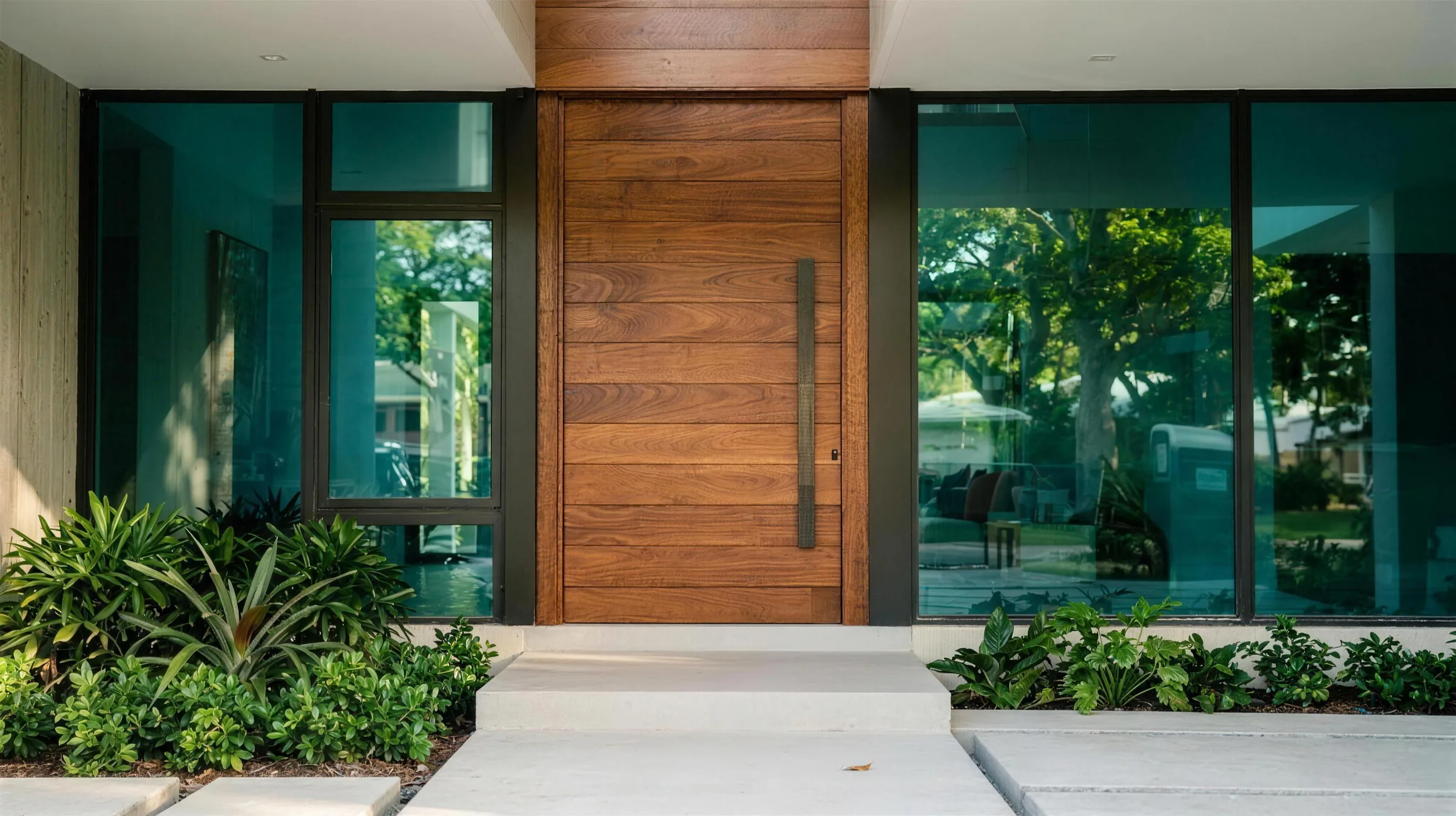 Modern residence entry with wood pivot door flanked by floor-to-ceiling glass