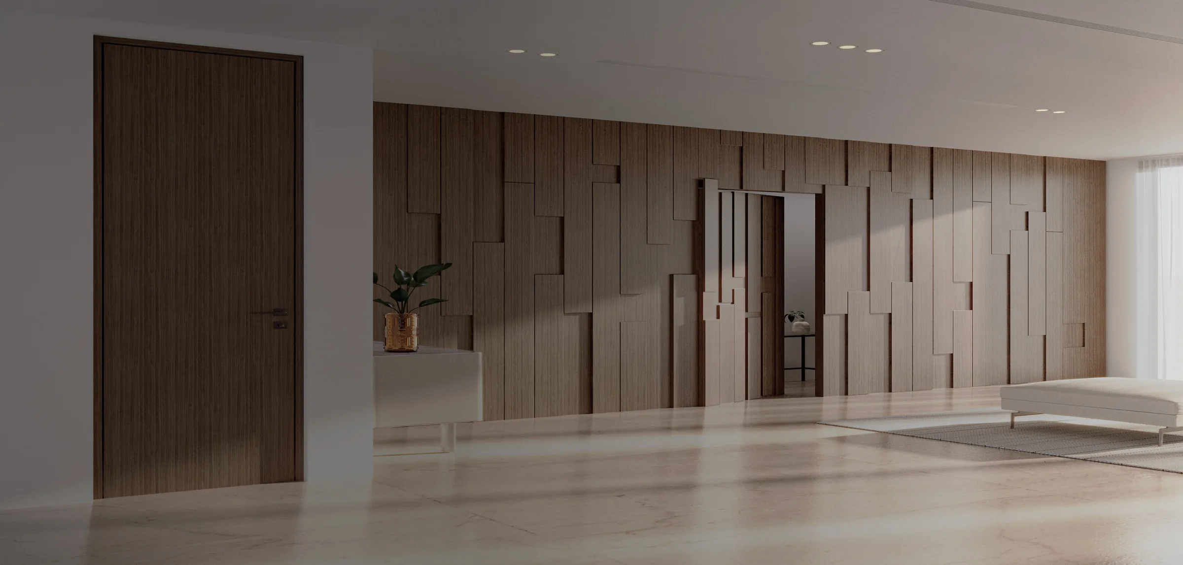 Concealed-frame door integrated into custom wood wall paneling with cream marble floor