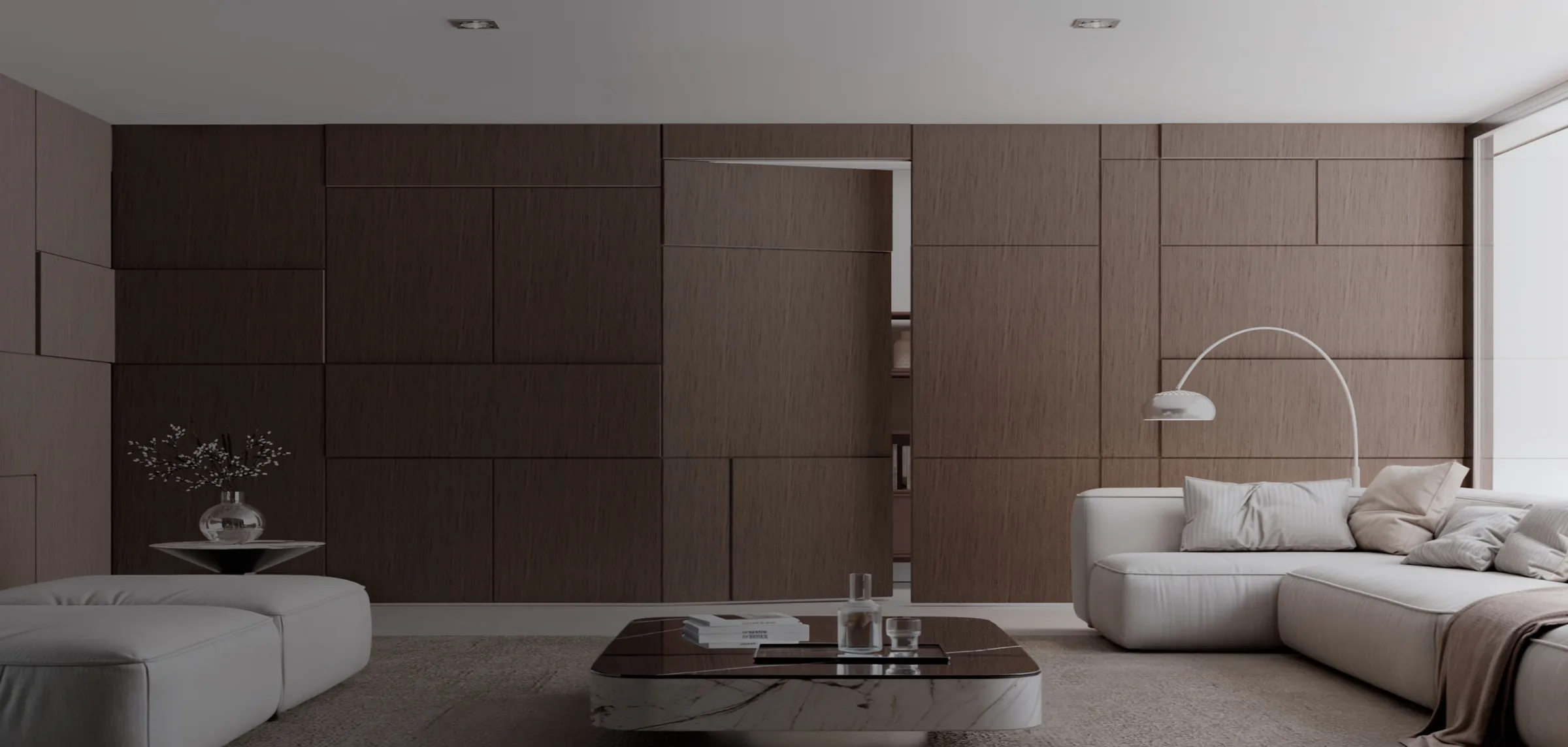 Custom interior with wall paneling and concealed door
